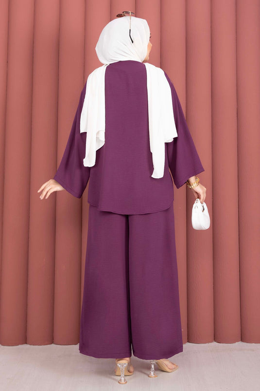 Locker geschnittenes Sommer-Tesettür-Set mit Kimono in Pflaumenfarbe