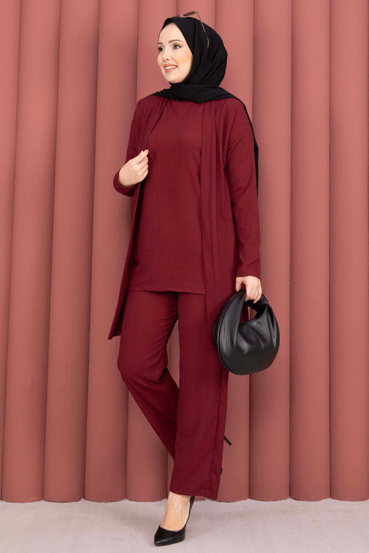 Three-Piece Modest Set with Kimono in Burgundy