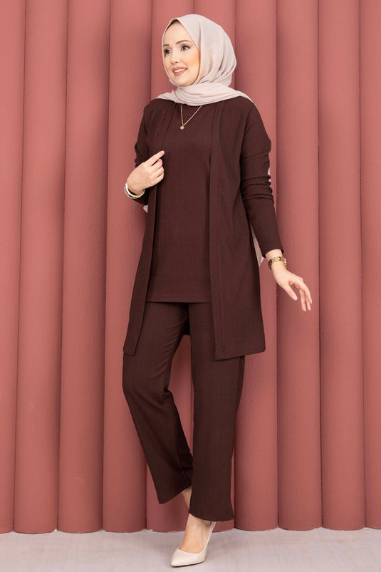 Three-Piece Modest Set with Kimono, Brown