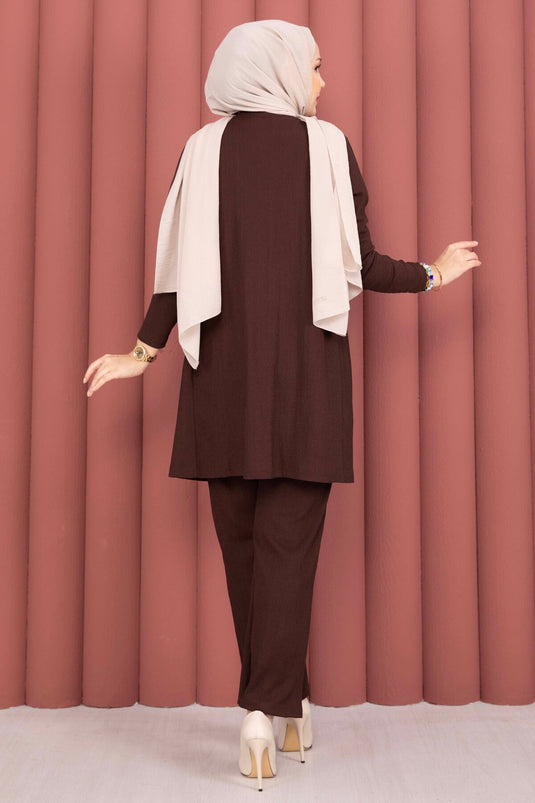 Ensemble trois pièces modest fashion avec kimono, couleur café