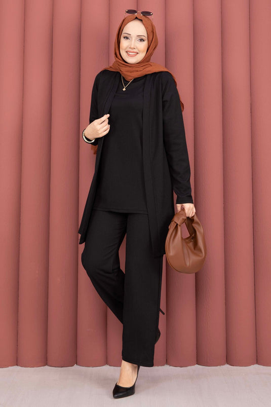 Completo Tesettür con Kimono Triplo Nero