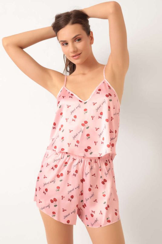 Kiraz Desen Askılı Saten Pijama Takımı Pembe