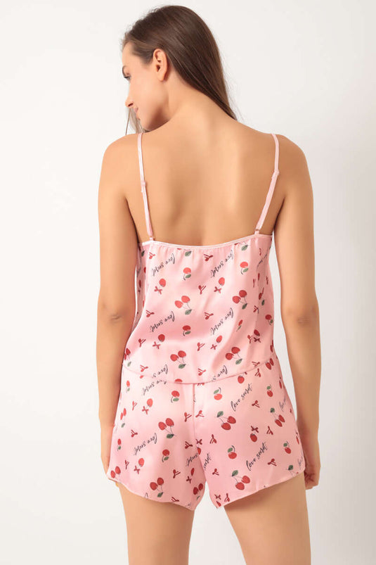 Kiraz Desen Askılı Saten Pijama Takımı Pembe