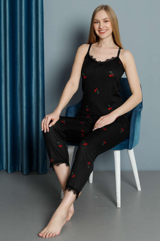 Peignoir en dentelle à motif cerises, ensemble pyjama 3 pièces noir
