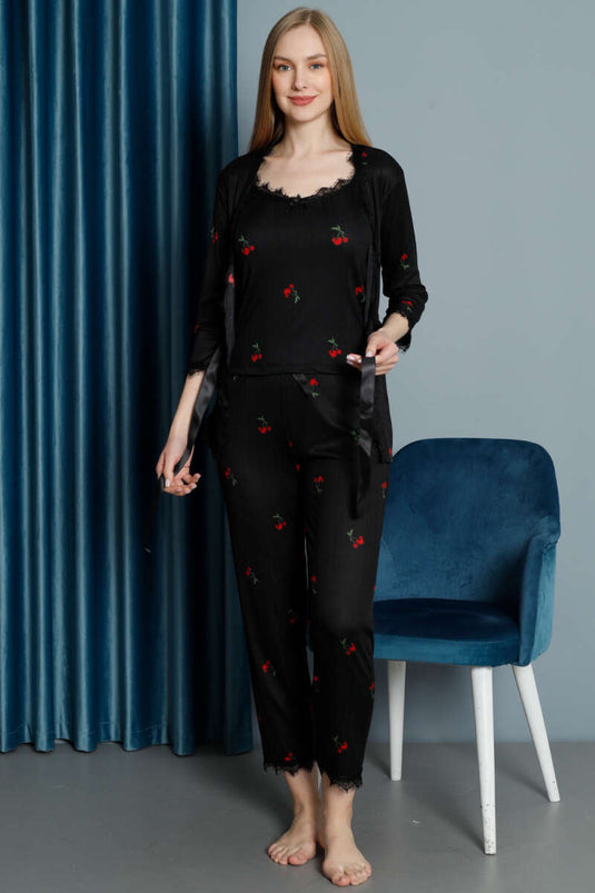 Peignoir en dentelle à motif cerises, ensemble pyjama 3 pièces noir
