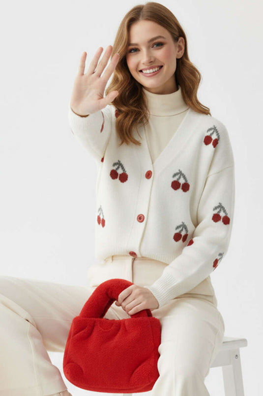 Gilet en maille à motif cerises, écru