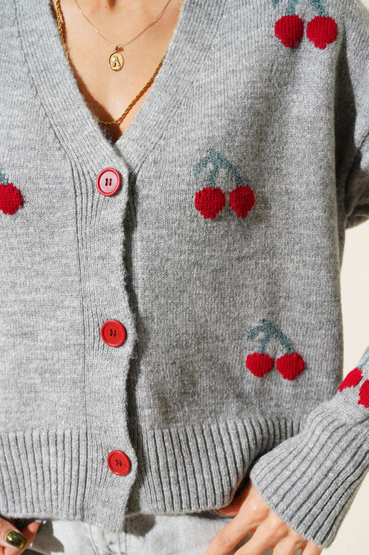 Kiraz Desenli Triko Hırka Gri