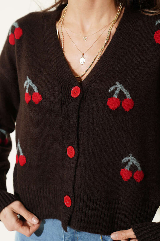 Cardigan en tricot à motif Kiraz, couleur café