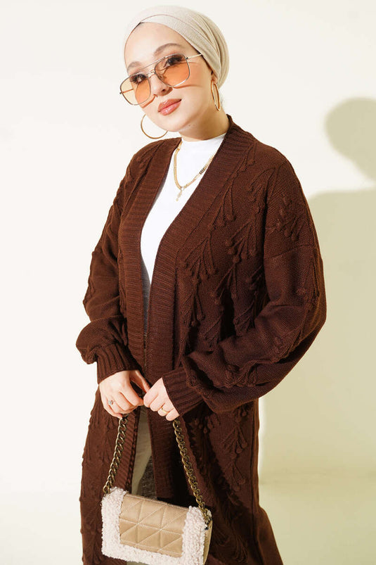 كارديغان صوفي طويل بنقش كرز بني
