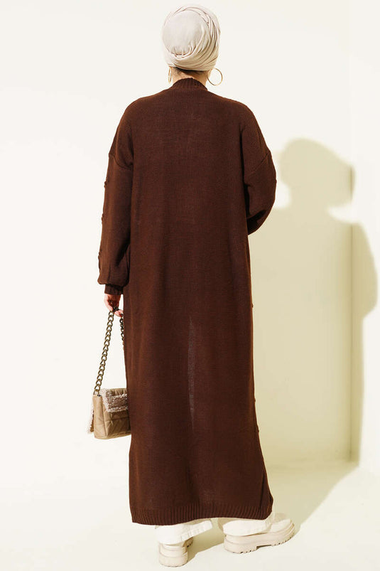 كارديغان صوفي طويل بنقش كرز بني