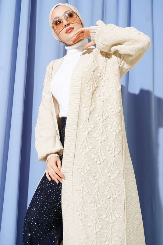 كارديغان صوفي طويل مزخرف بنقشة كيراز بلون حجر