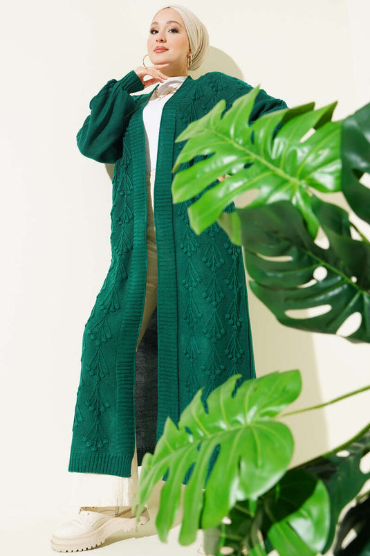 كارديغان صوفي طويل مزخرف بنقشة الكرز بلون الزمرد