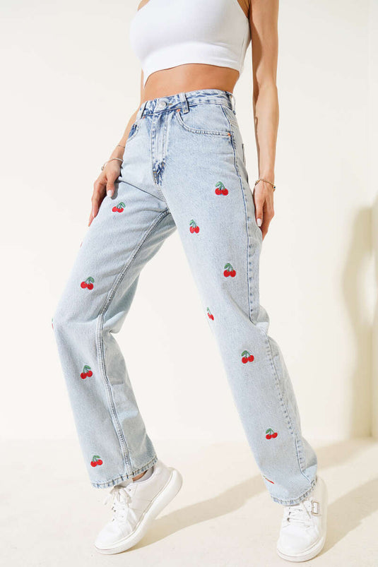 Kiraz Nakışlı Kot Pantolon Açık Kar