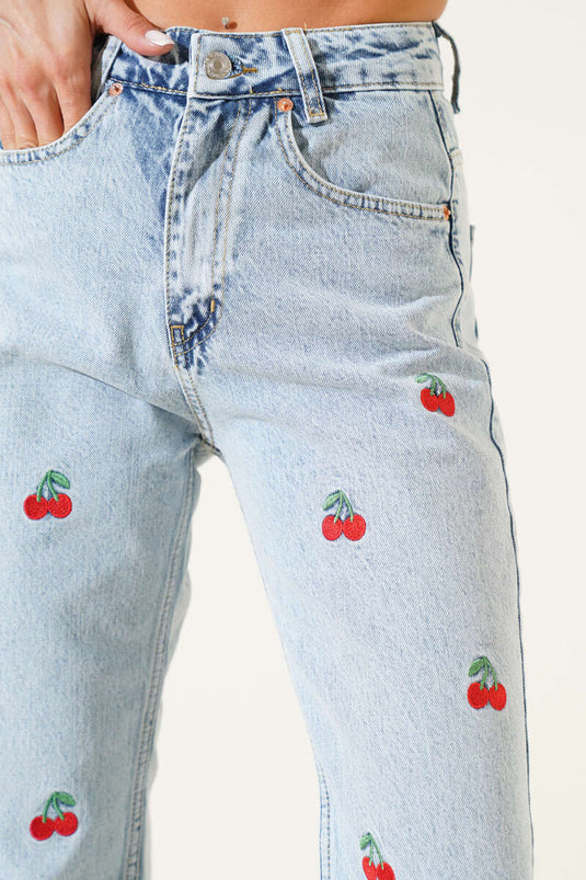 Kiraz Nakışlı Kot Pantolon Açık Kar