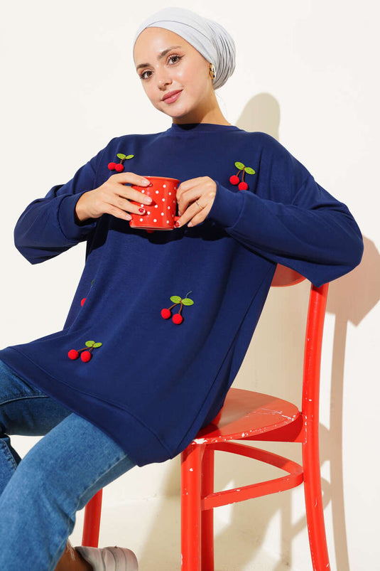 Kiraz Salkım Detaylı Tunik Lacivert