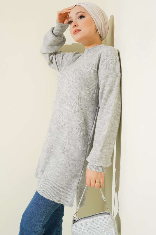 تونيك محبوك ناعم منقوش بنقشة باقة الكرز، رمادي