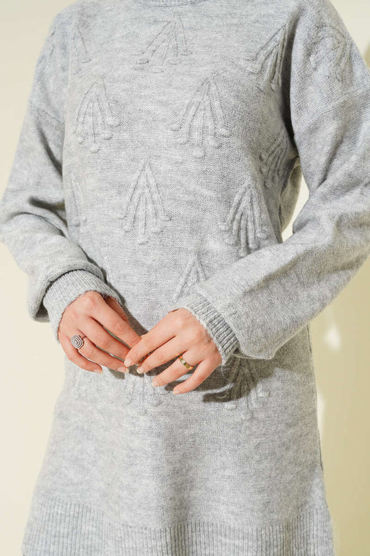 تونيك محبوك ناعم منقوش بنقشة باقة الكرز، رمادي