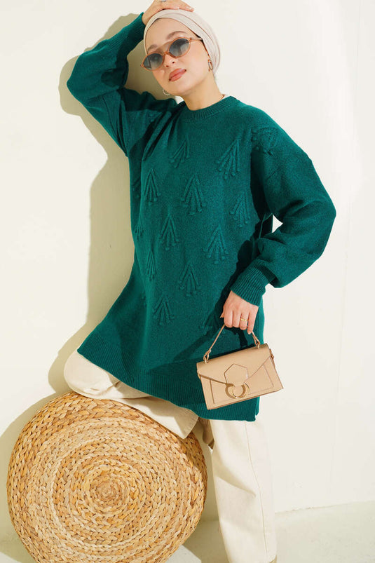 تونيك نفطي محبوك ناعم منقوش بباقة الكرز