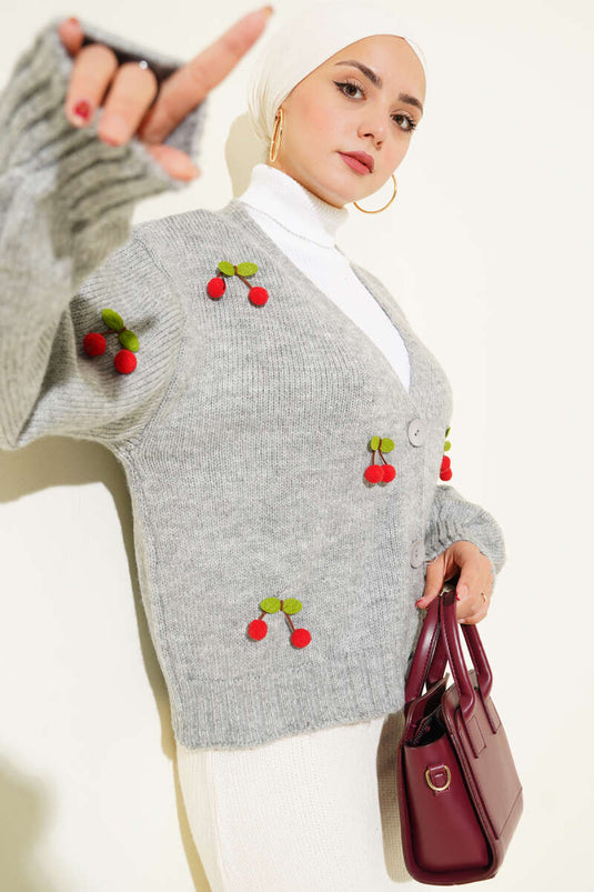 Cherry Cluster Pattern Short Knitted Cardigan Grey