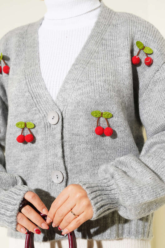 Cherry Cluster Pattern Short Knitted Cardigan Grey