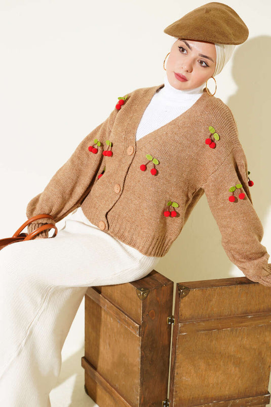 Cherry Cluster Pattern Short Knit Cardigan Latte