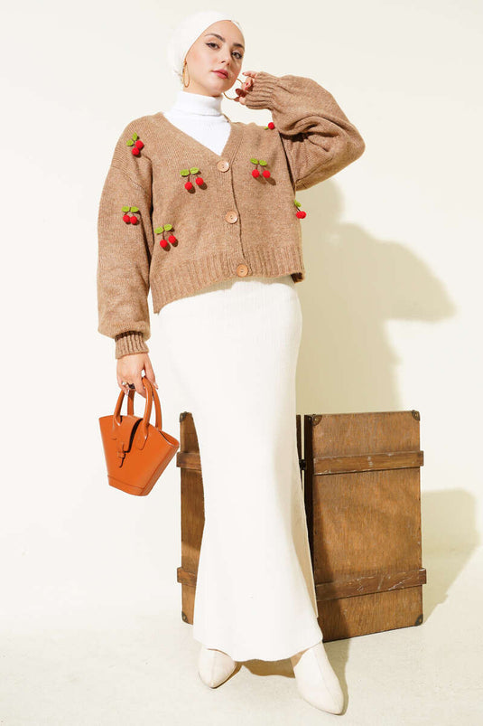 Cherry Cluster Pattern Short Knit Cardigan Latte
