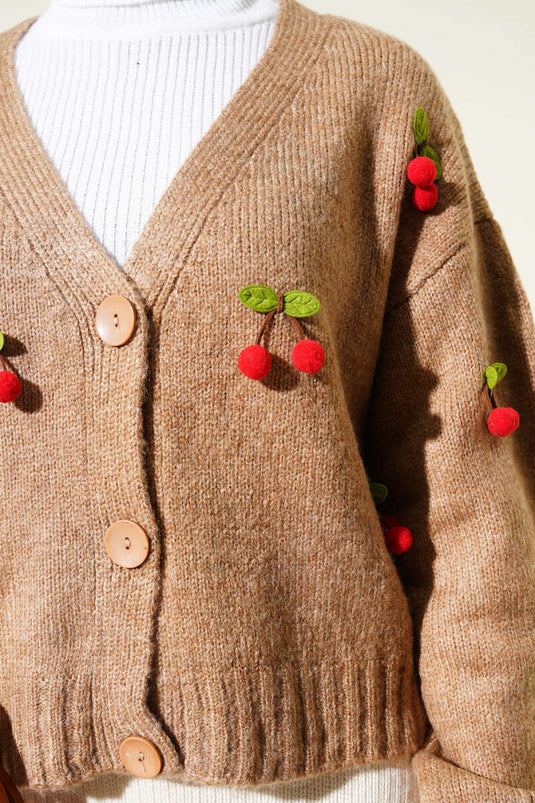 Cherry Cluster Pattern Short Knit Cardigan Latte
