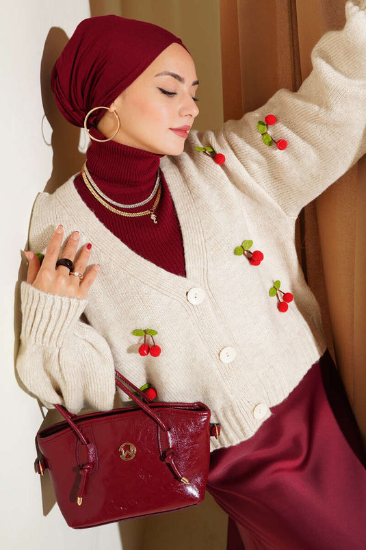 Cherry Cluster Pattern Short Knit Cardigan Stone