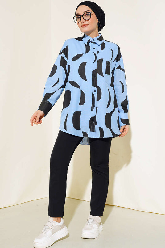 Patterned Linen Shirt Blue