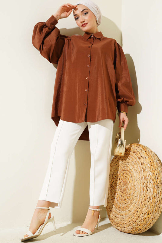 Chemise à manches ballon à texture froissée marron