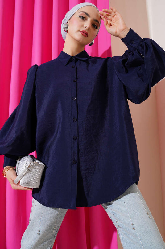 Wrinkled Fabric Balloon Sleeve Shirt Navy Blue