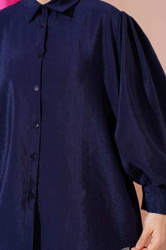 Wrinkled Fabric Balloon Sleeve Shirt Navy Blue