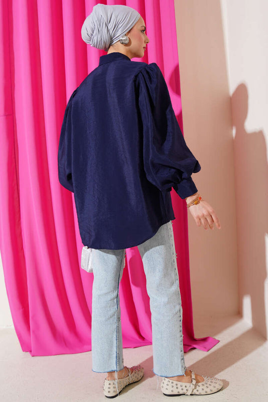 Wrinkled Fabric Balloon Sleeve Shirt Navy Blue