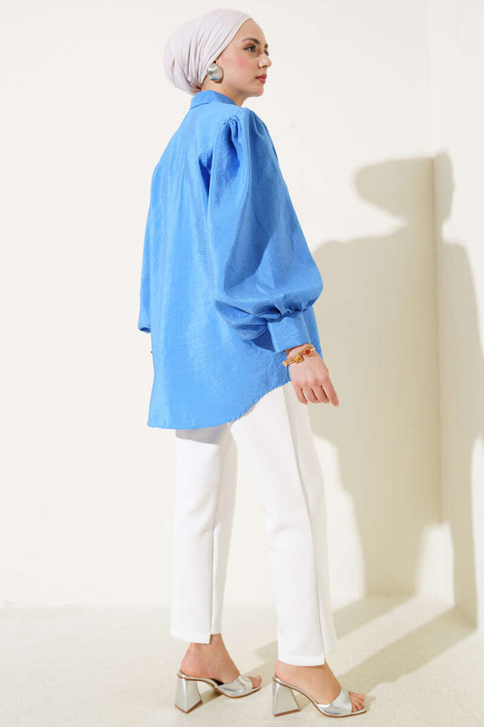 Wrinkled Fabric Balloon Sleeve Shirt Blue