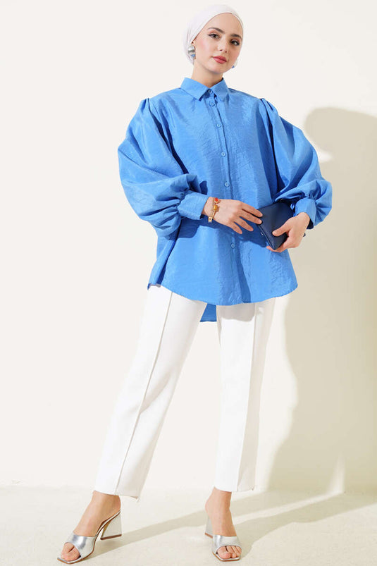 Wrinkled Fabric Balloon Sleeve Shirt Blue