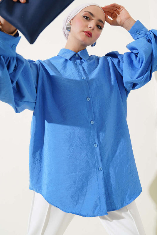 Wrinkled Fabric Balloon Sleeve Shirt Blue