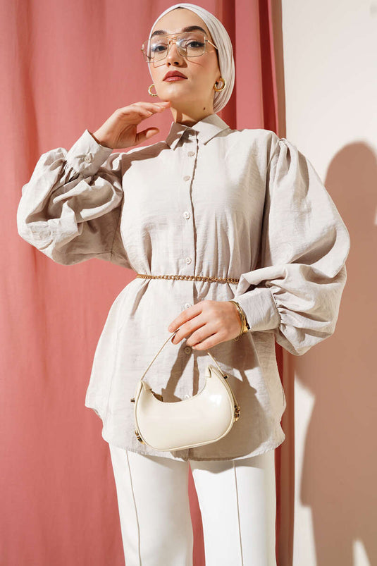 Chemise à manches ballon à texture froissée Stone