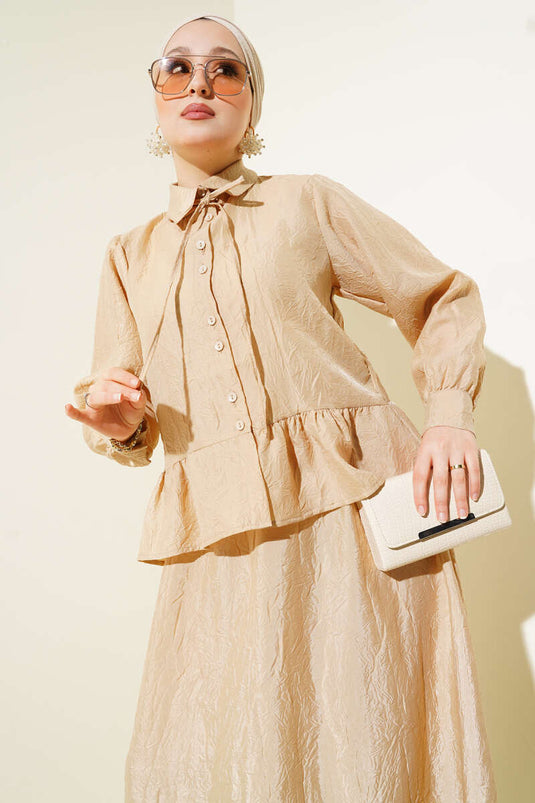 Kırışık Doku İp Kuşaklı Etekli İkili Takım Latte