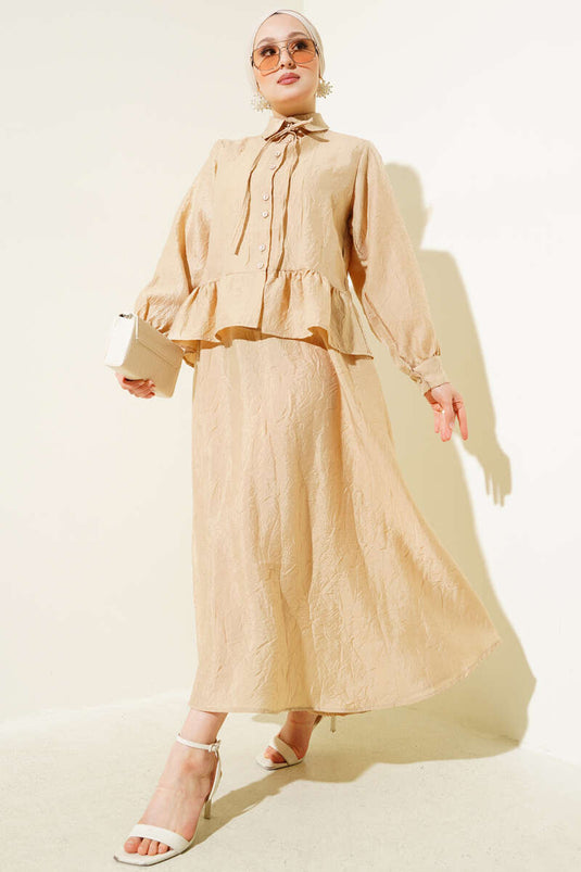 Kırışık Doku İp Kuşaklı Etekli İkili Takım Latte