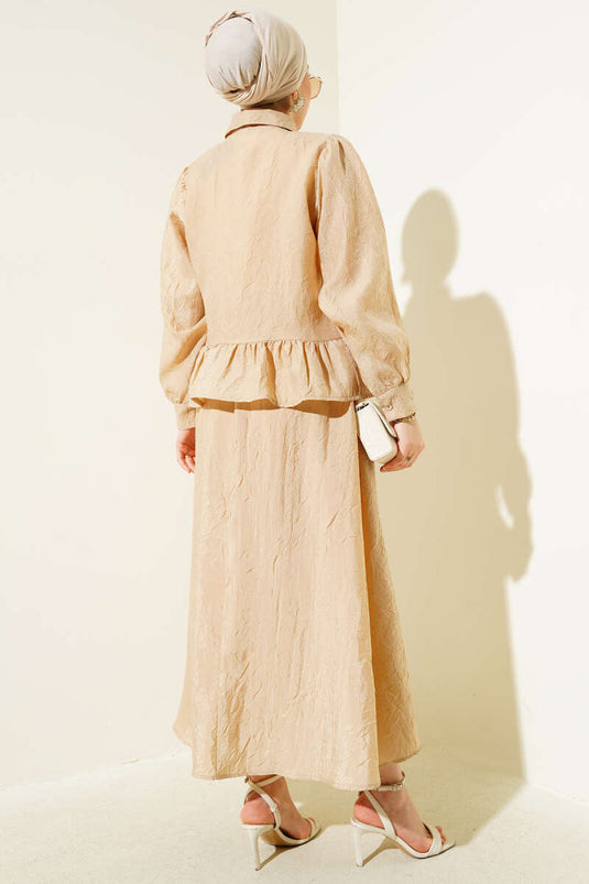 Kırışık Doku İp Kuşaklı Etekli İkili Takım Latte