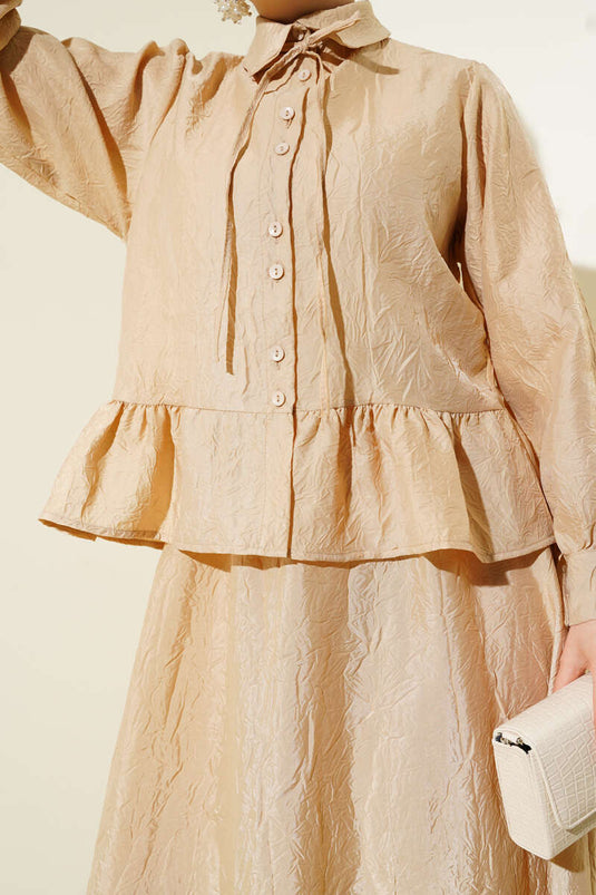 Kırışık Doku İp Kuşaklı Etekli İkili Takım Latte