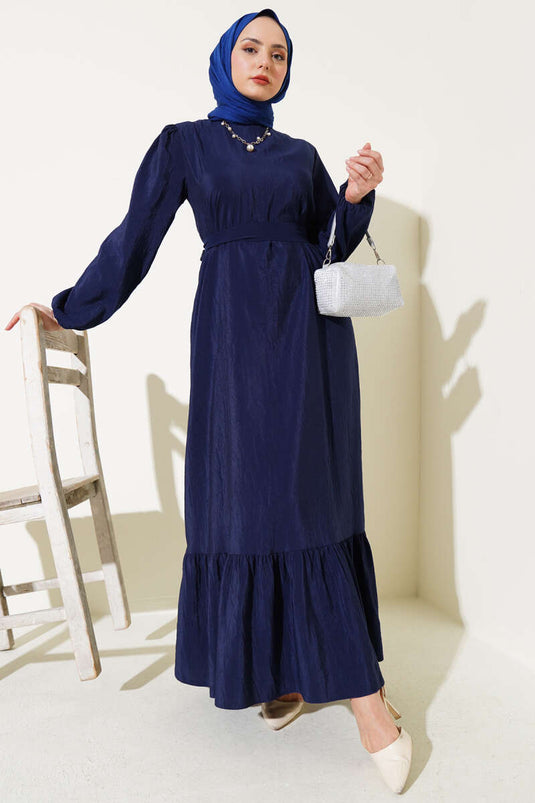 Kırışık Doku Kuşaklı Elbise Lacivert