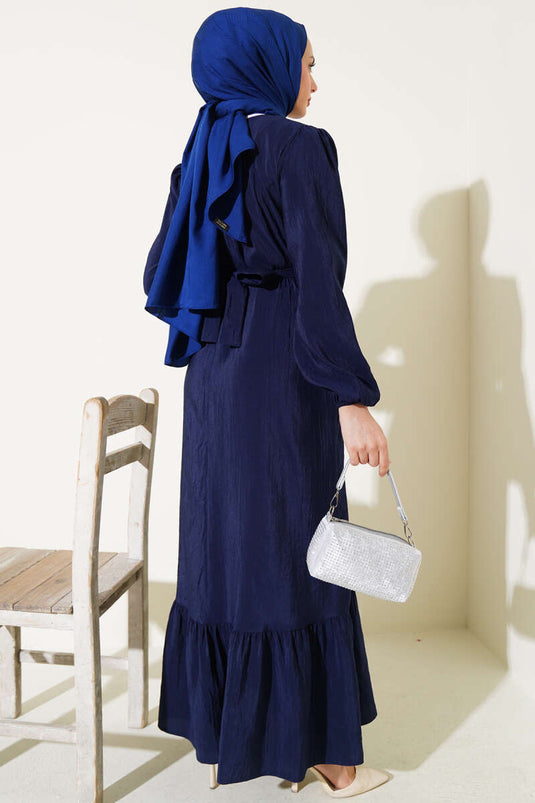 Kırışık Doku Kuşaklı Elbise Lacivert