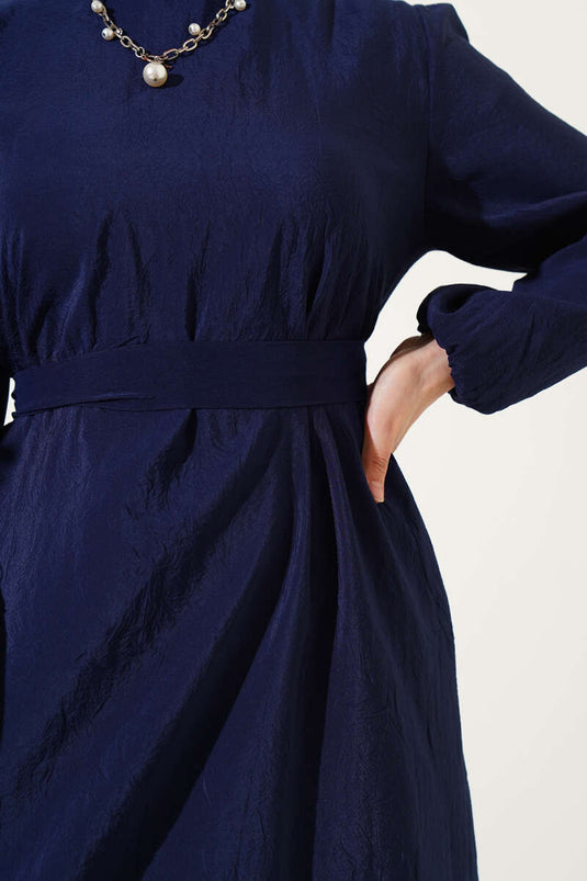 Kırışık Doku Kuşaklı Elbise Lacivert