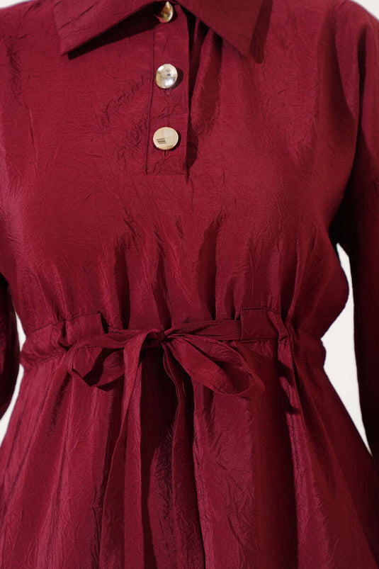 Robe à demi-boutons à texture froissée Bordeaux