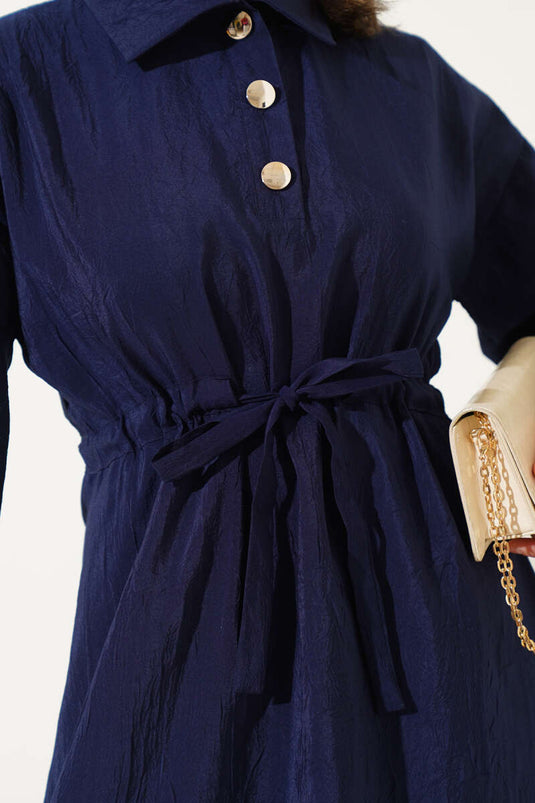 Robe à demi-boutons à texture froissée bleu marine