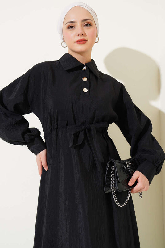 Robe à demi-boutons à texture froissée noire