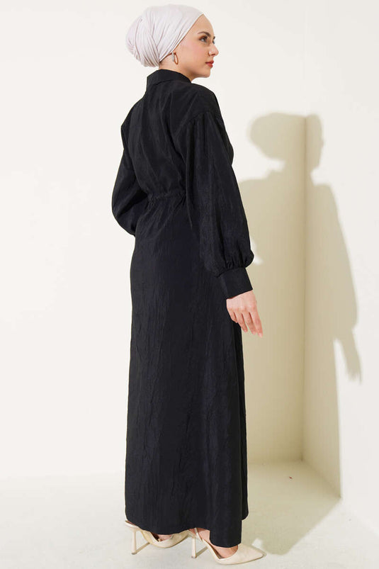 Robe à demi-boutons à texture froissée noire