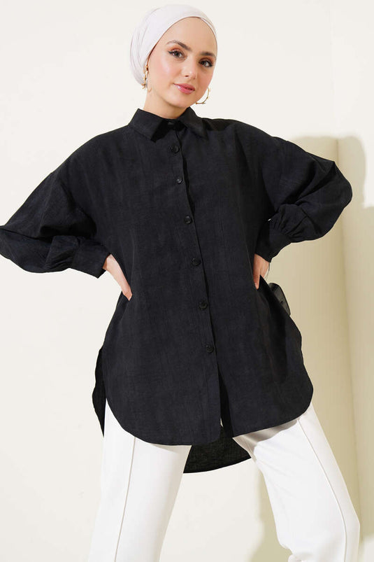 Wrinkled Textured Basic Shirt Black