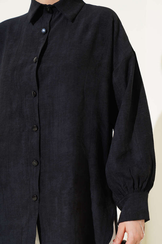 Wrinkled Textured Basic Shirt Black